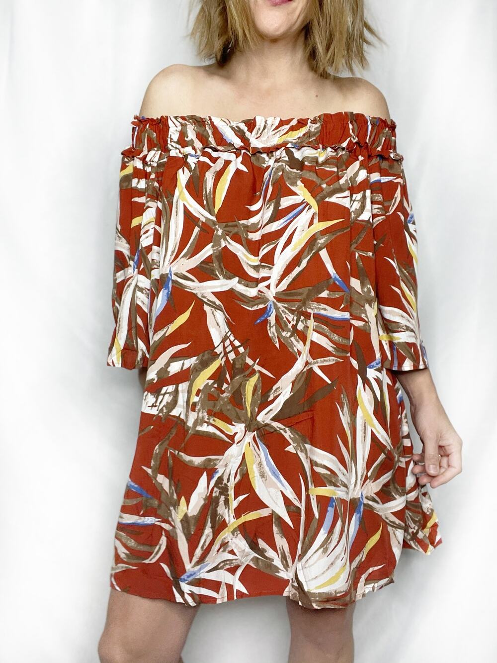 Tropical Off the Shoulder Mini Dress